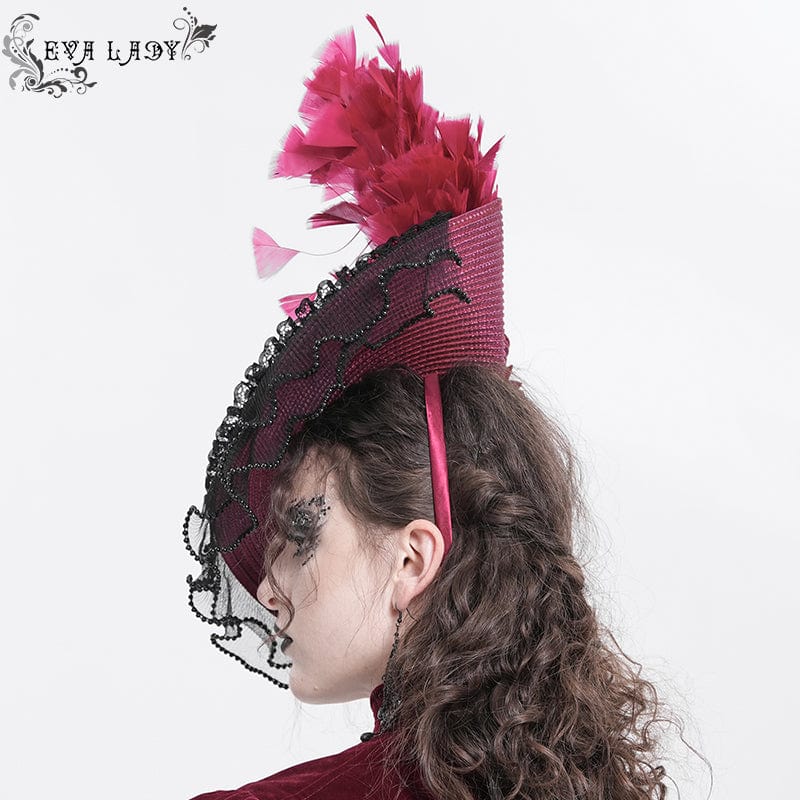 EVA LADY Women's Gothic Rose Ruffled Feathered Hat Black-red