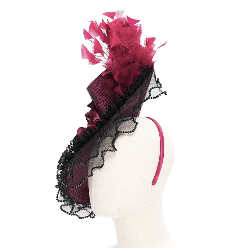 EVA LADY Women's Gothic Rose Ruffled Feathered Hat Black-red