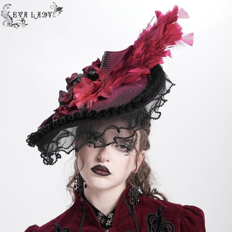 EVA LADY Women's Gothic Rose Ruffled Feathered Hat Black-red