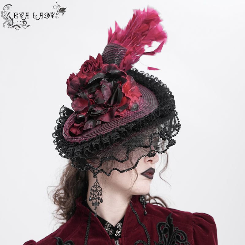 EVA LADY Women's Gothic Rose Ruffled Feathered Hat Black-red
