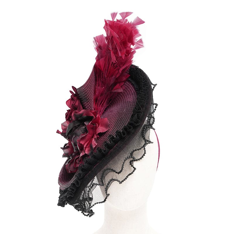 EVA LADY Women's Gothic Rose Ruffled Feathered Hat Black-red