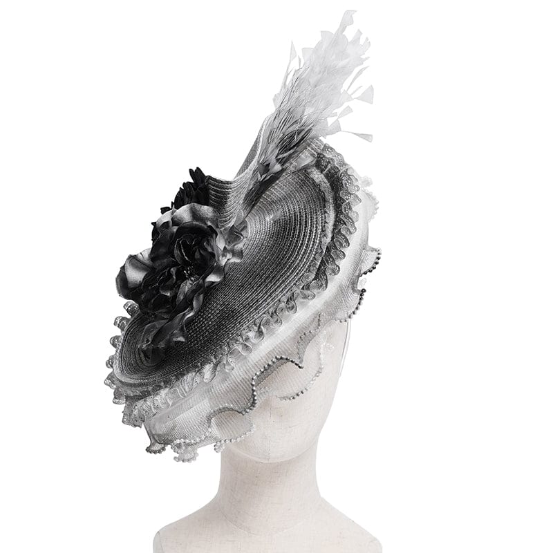 EVA LADY Women's Gothic Rose Ruffled Feathered Hat White-grey