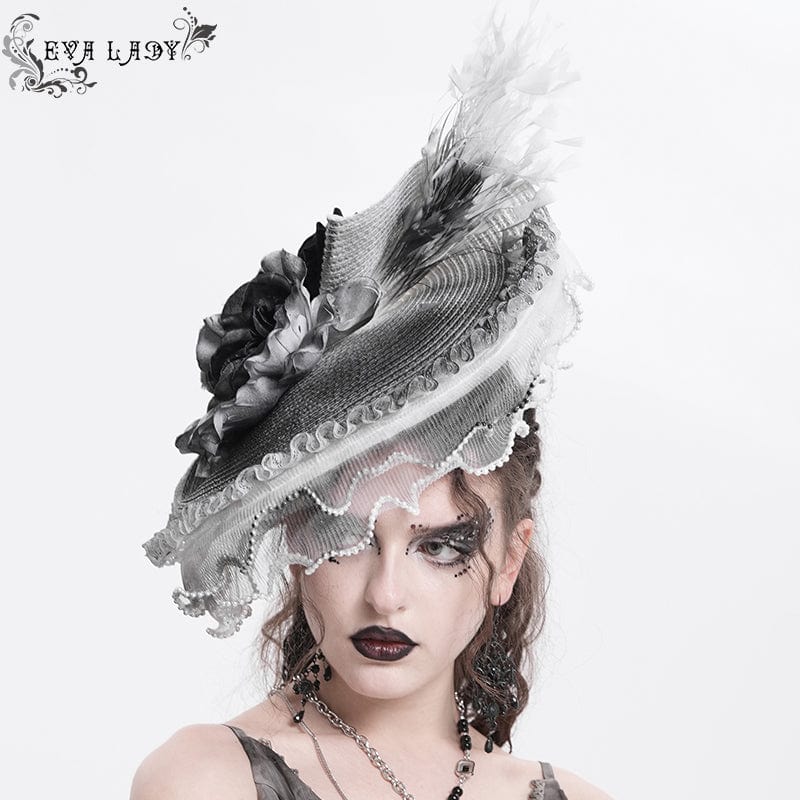 EVA LADY Women's Gothic Rose Ruffled Feathered Hat White-grey