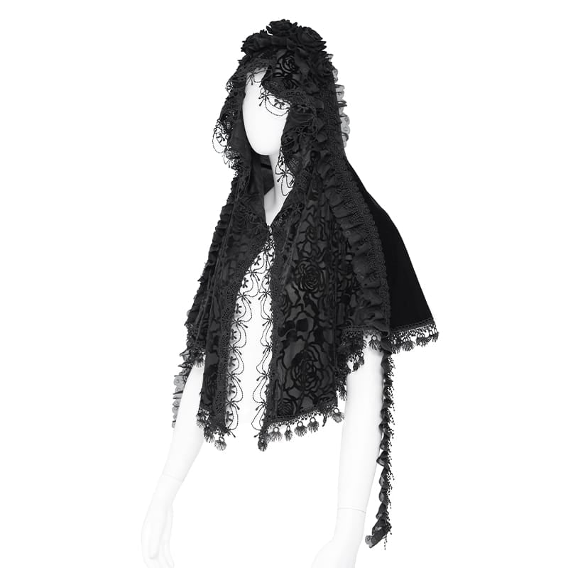 EVA LADY Women's Gothic Rose Ruffled Lace Trim Tassel Hooded Cape