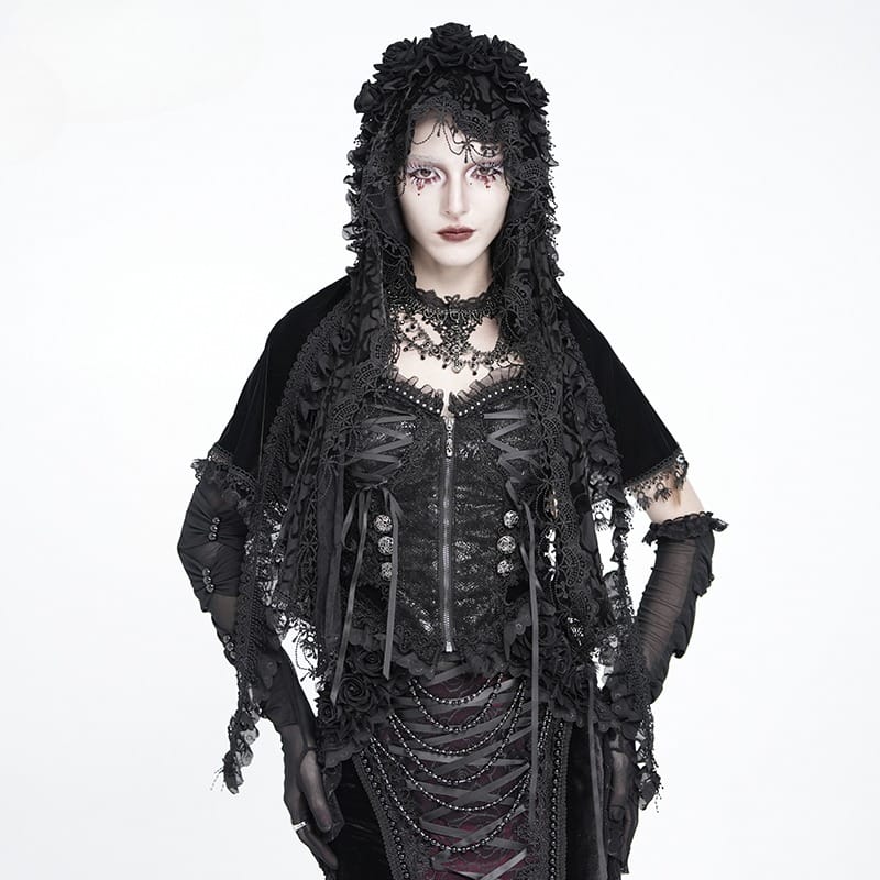 EVA LADY Women's Gothic Rose Ruffled Lace Trim Tassel Hooded Cape