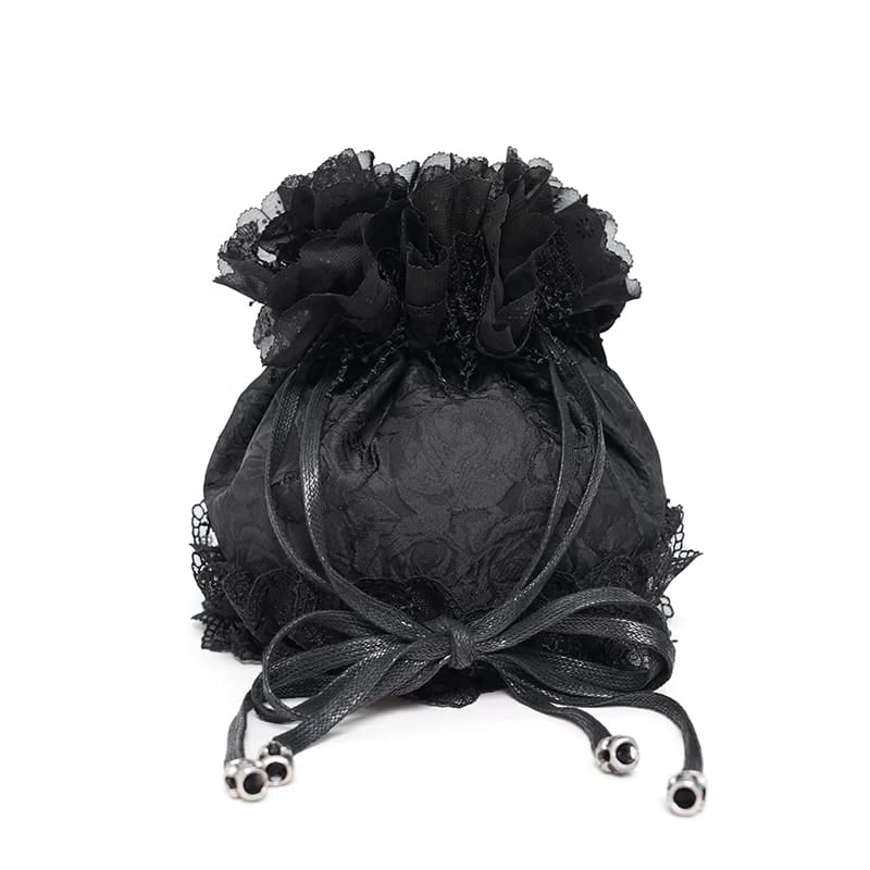 EVA LADY Women's Gothic Rose Skull Lace Ruffle Drawstring Pouch Handbag Black