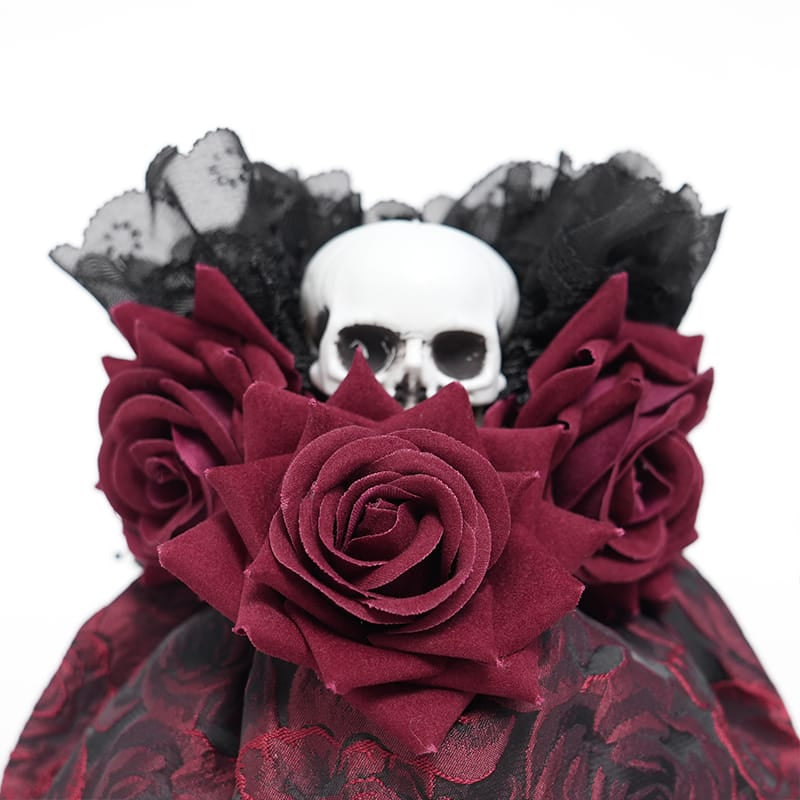 EVA LADY Women's Gothic Rose Skull Lace Ruffle Drawstring Pouch Handbag Red