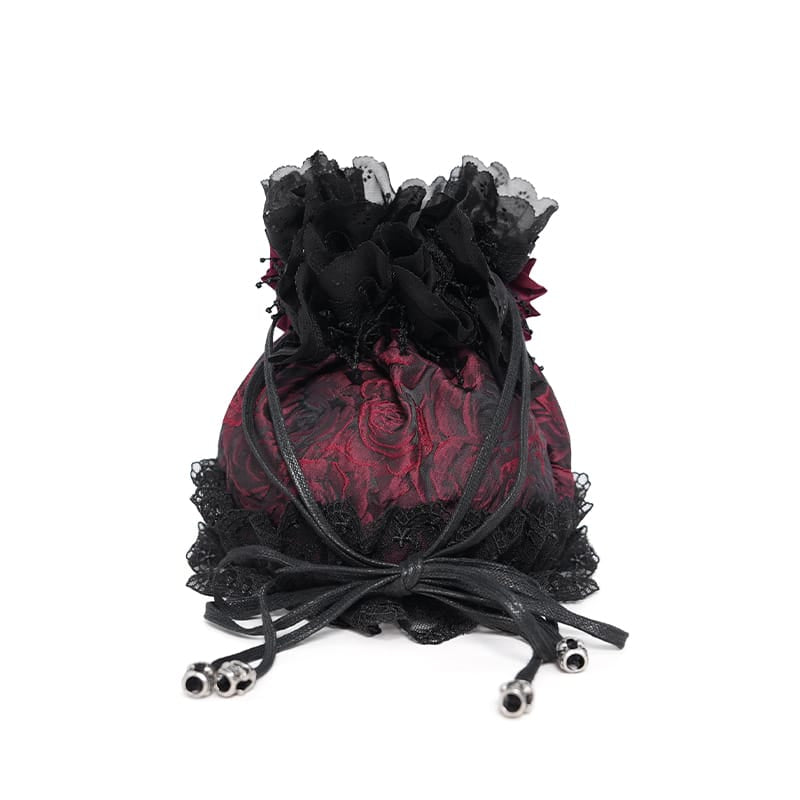EVA LADY Women's Gothic Rose Skull Lace Ruffle Drawstring Pouch Handbag Red