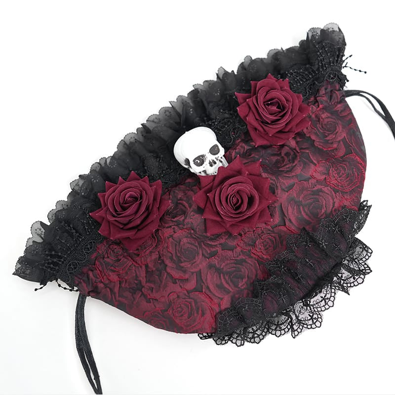 EVA LADY Women's Gothic Rose Skull Lace Ruffle Drawstring Pouch Handbag Red