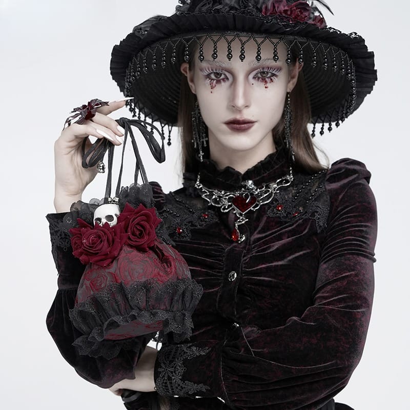EVA LADY Women's Gothic Rose Skull Lace Ruffle Drawstring Pouch Handbag Red