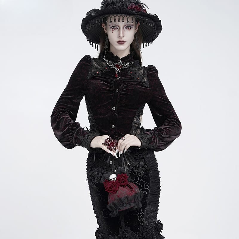 EVA LADY Women's Gothic Rose Skull Lace Ruffle Drawstring Pouch Handbag Red