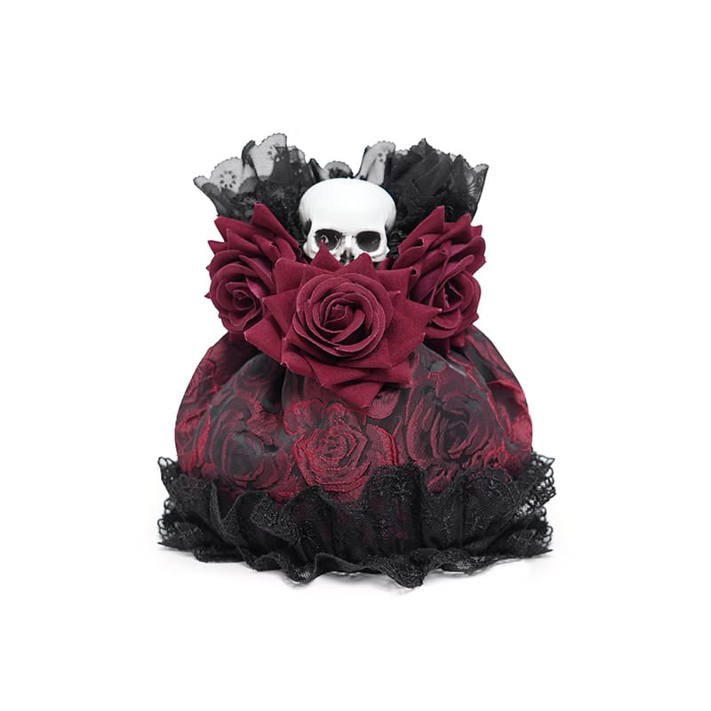EVA LADY Women's Gothic Rose Skull Lace Ruffle Drawstring Pouch Handbag Red