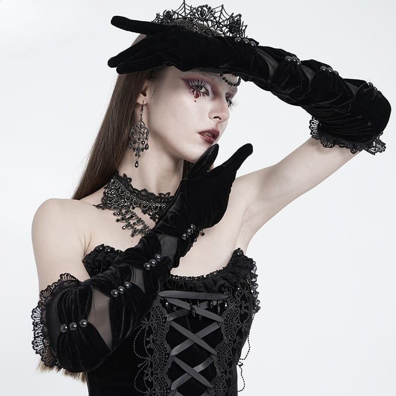 EVA LADY Women's Gothic Ruched Mesh Splice Velvet Long Gloves