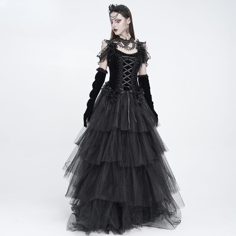 EVA LADY Women's Gothic Ruched Mesh Splice Velvet Long Gloves