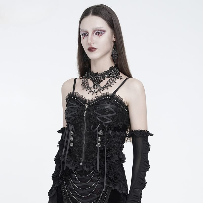 EVA LADY Women's Gothic Ruffle Lace‑up Front Zipper Overbust Corset