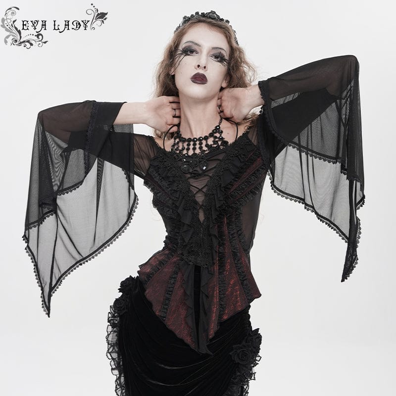 EVA LADY Women's Gothic Ruffled Off Shoulder Flared Sleeved Shirt Black-Red