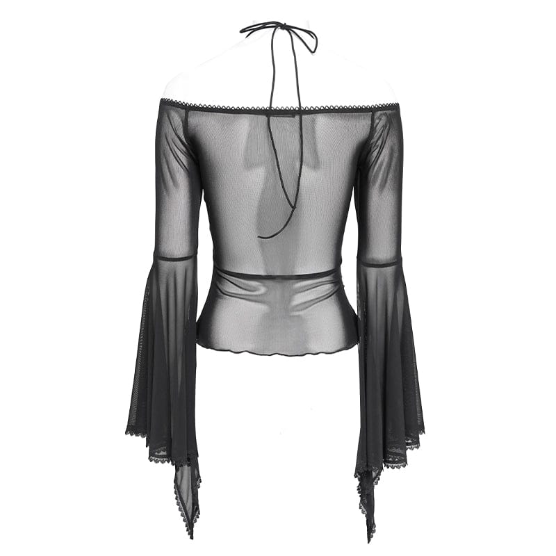 EVA LADY Women's Gothic Ruffled Off Shoulder Flared Sleeved Shirt Black-Red