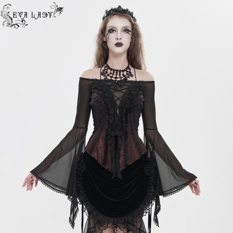 EVA LADY Women's Gothic Ruffled Off Shoulder Flared Sleeved Shirt Black-Red
