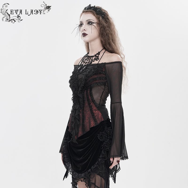 EVA LADY Women's Gothic Ruffled Off Shoulder Flared Sleeved Shirt Black-Red