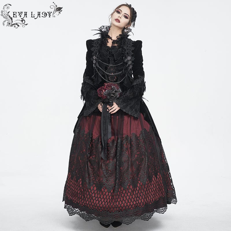EVA LADY Women's Gothic Stand Collar Floral Embroidered Feather Jacket