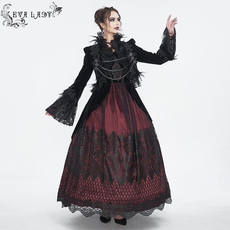 EVA LADY Women's Gothic Stand Collar Floral Embroidered Feather Jacket