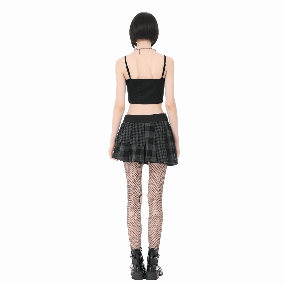Darkinlove Women's Punk Rivet Plaid Asymmetric Skirt
