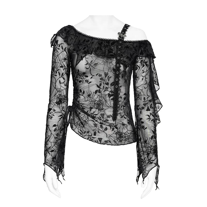 Women's Gothic Asymmetric Floral Cobweb Mesh Top - Punk Design