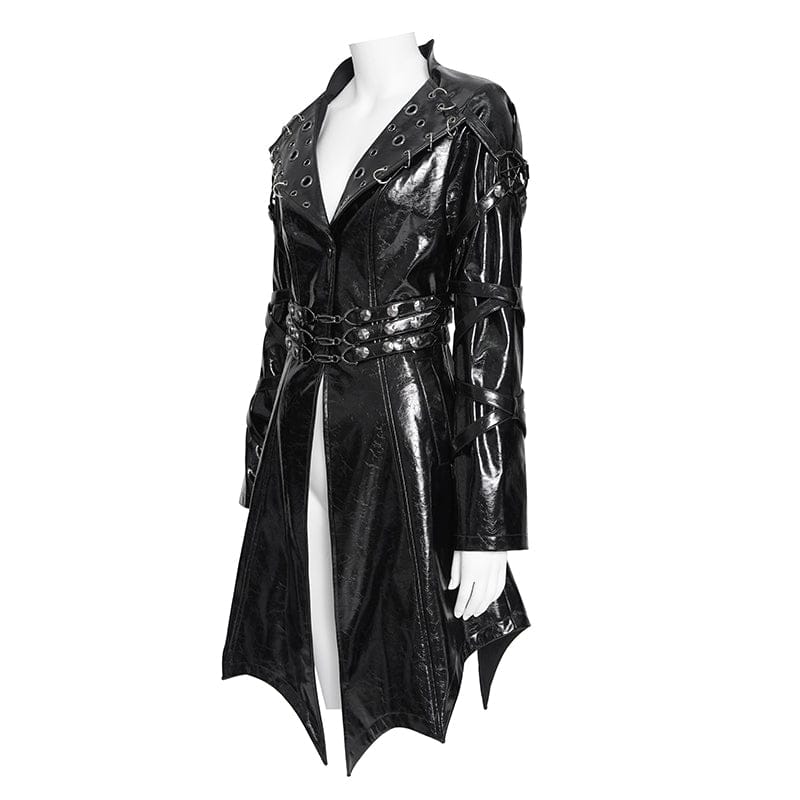 DEVILFASHION Women's Punk Irregular Eyelets & Rings Turn-down Collar Jacket Black