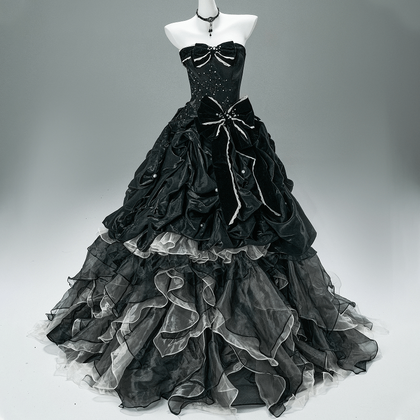 Kobine Custom-made Gothic Bowknot Pearl Multi-layer Splicing Strapless Gown Wedding Dress