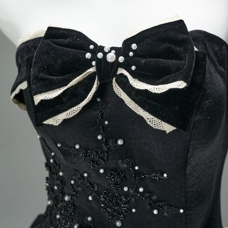 Kobine Custom-made Gothic Bowknot Pearl Multi-layer Splicing Strapless Gown Wedding Dress