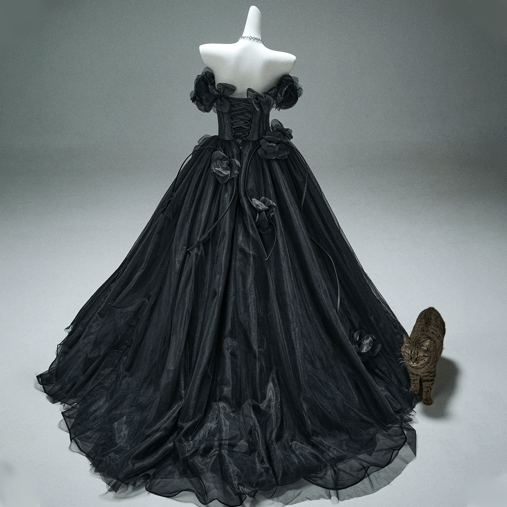Kobine Custom-made Gothic Off Shoulder Floral Corseted Multi-Layered Maxi Ball Gown Wedding Dress