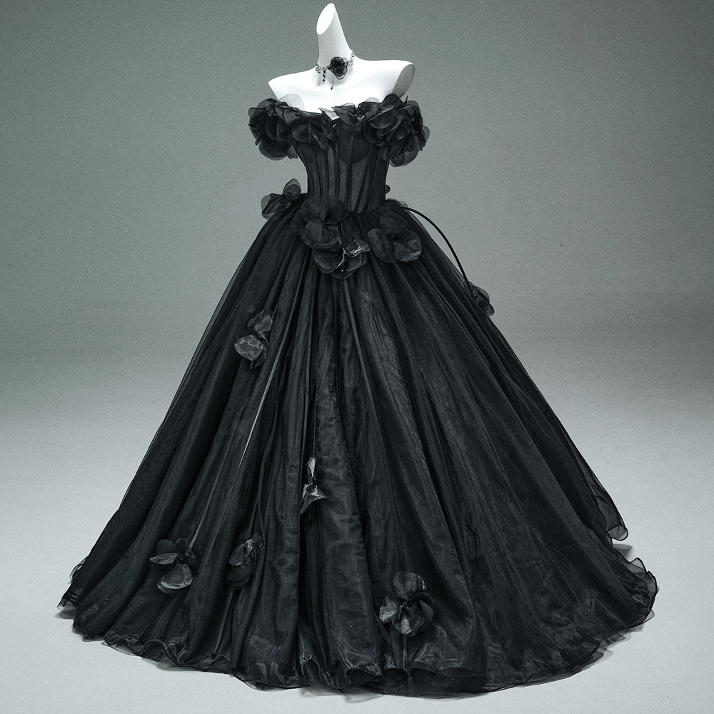 Kobine Custom-made Gothic Off Shoulder Floral Corseted Multi-Layered Maxi Ball Gown Wedding Dress