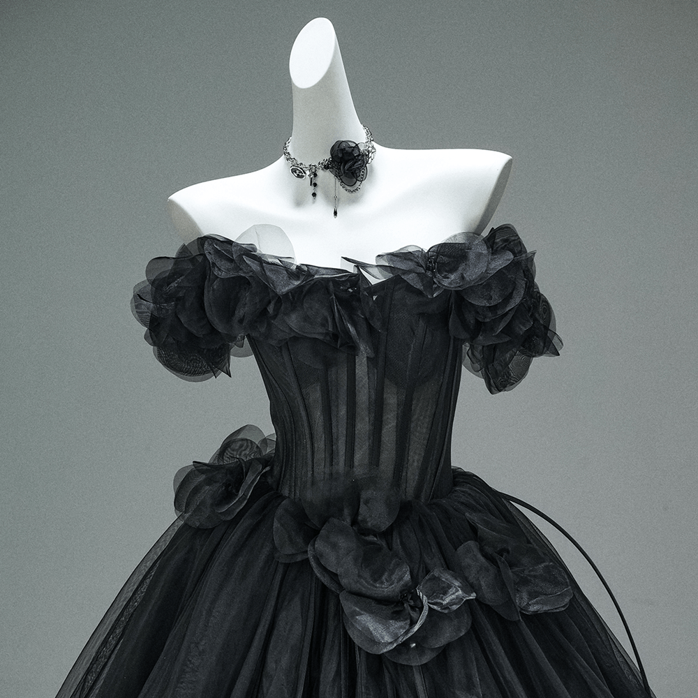 Kobine Custom-made Gothic Off Shoulder Floral Corseted Multi-Layered Maxi Ball Gown Wedding Dress