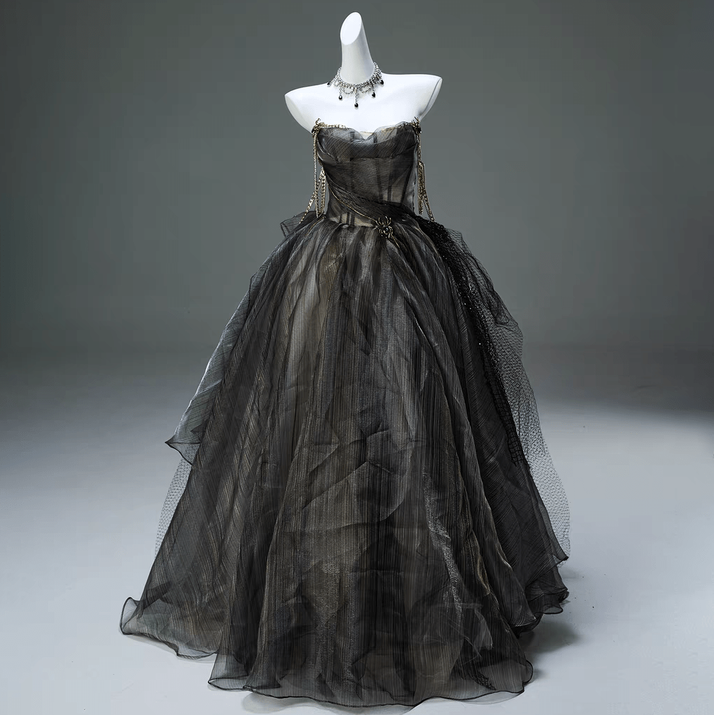 Kobine Custom-made Gothic Strapless Multi-layered Tulle Gown with Spider Chain