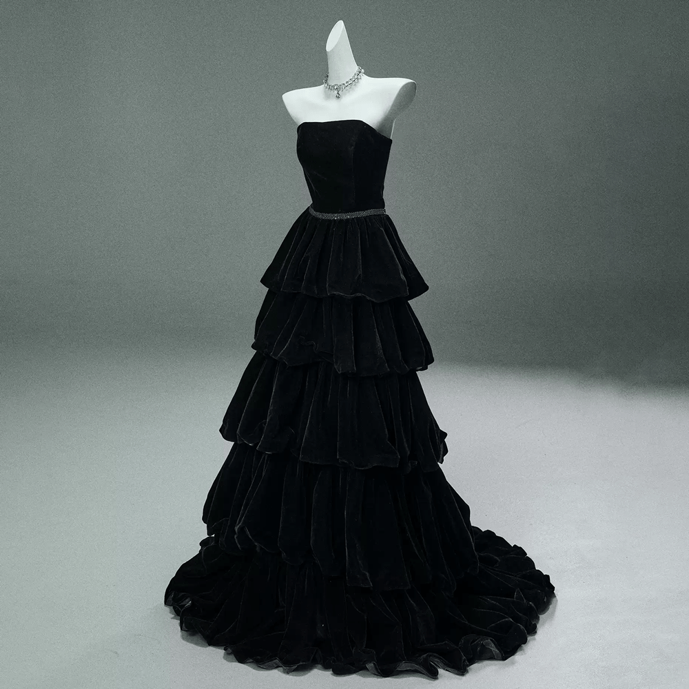 Kobine Custom-made Gothic Strapless Tie-back Multi-layer Velvet Gown Party Dress