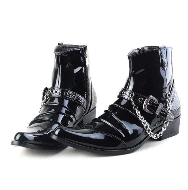 Kobine Men's Buckle Strap Chain Faux Leather Side Zipper Shoes Pointed Toe Boots