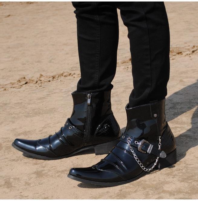 Kobine Men's Buckle Strap Chain Faux Leather Side Zipper Shoes Pointed Toe Boots