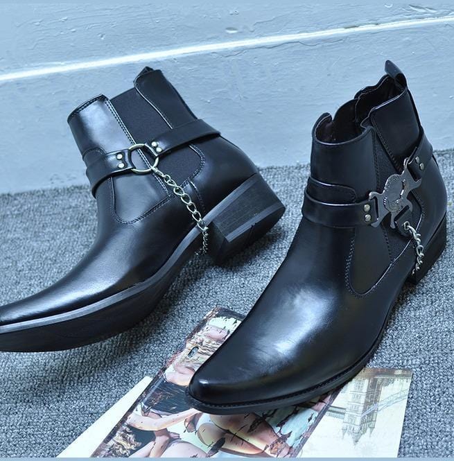 Kobine Men's Faux Leather Suede Pointed Toe Eagle Gusset Harness Ankle Boots