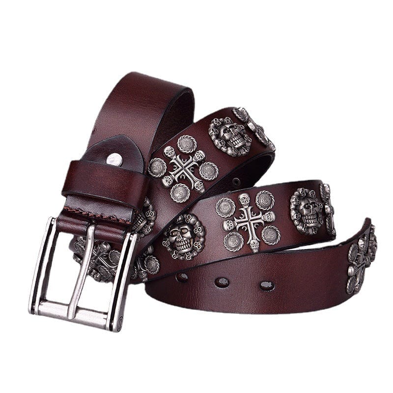 Kobine Men's Gothic Belts With Rivets Of Skulls And Crosses