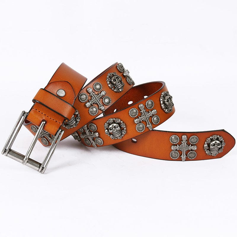 Kobine Men's Gothic Belts With Rivets Of Skulls And Crosses