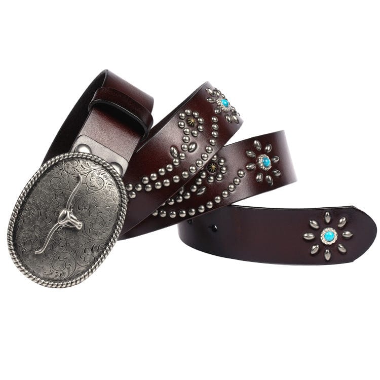 Kobine Men's Gothic Ox-head Floral Studded Belt