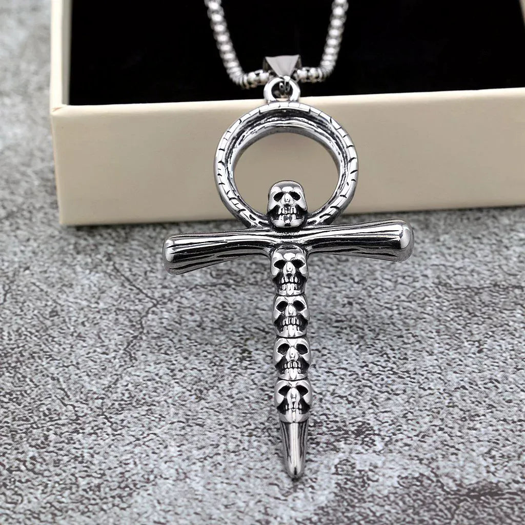 Kobine Men's Punk Ankh Symbol & Skull Necklace