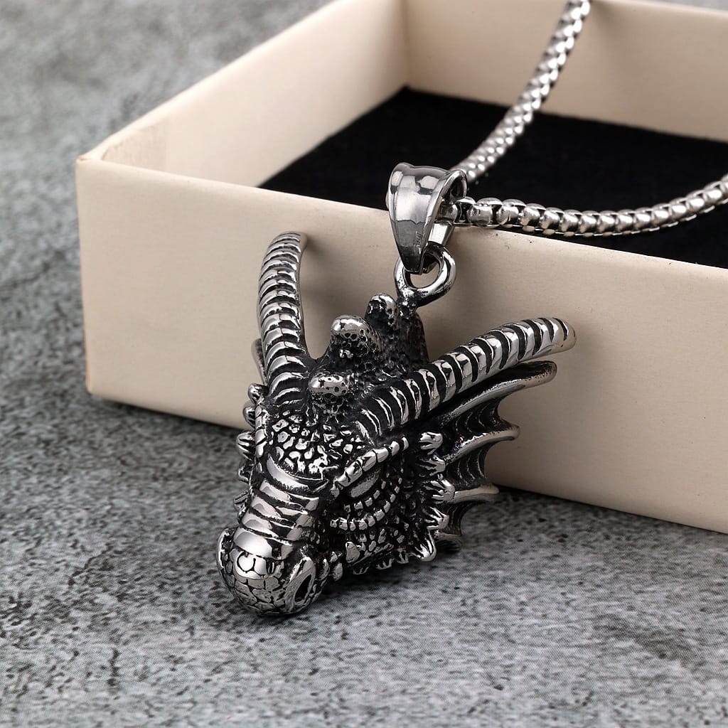 Kobine Men's Punk Antiqued Dragon Head Necklace