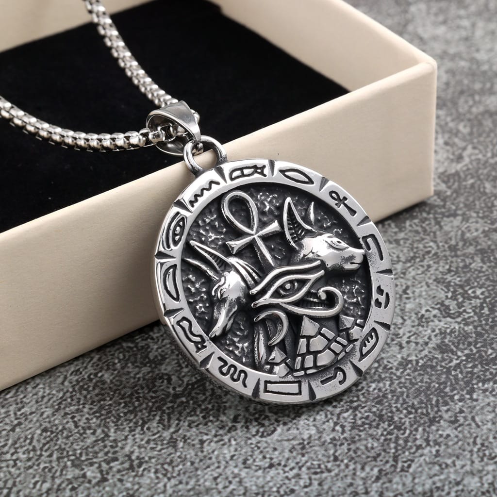 Kobine Men's Punk Antiqued Embossed Round Pendant Necklace