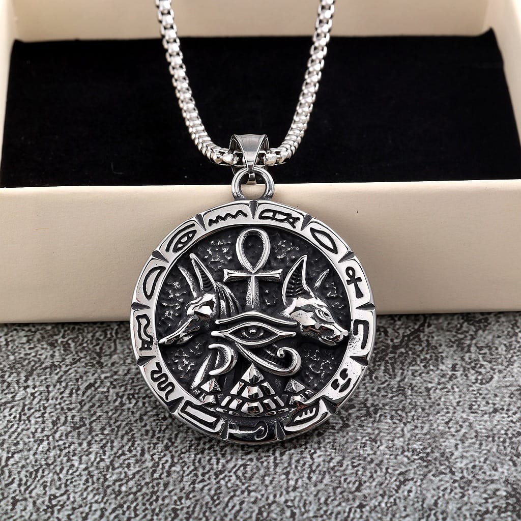 Kobine Men's Punk Antiqued Embossed Round Pendant Necklace