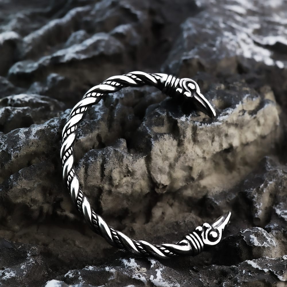Kobine Men's Punk Antiqued Raven Head Open Cuff Bracelet