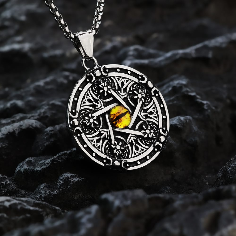 Kobine Men's Punk Antiqued Round Pentacle Evil Eye Pendant Necklace