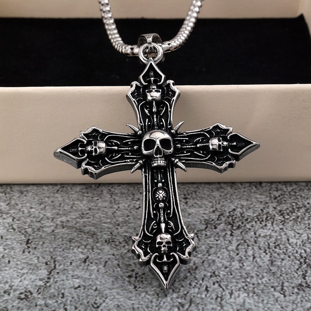 Kobine Men's Punk Antiqued Skull Cross Necklace