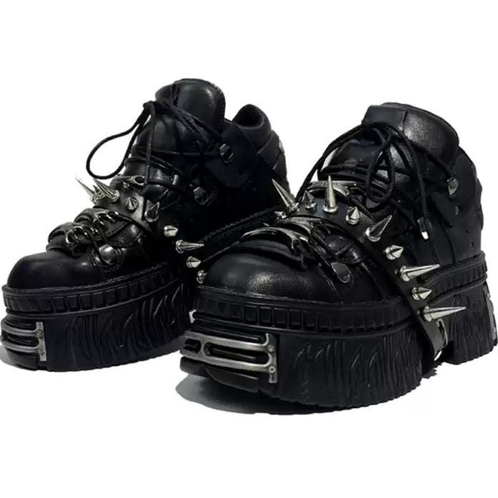 Kobine Men's Punk Black Chunky Platform Shoes with Spikes