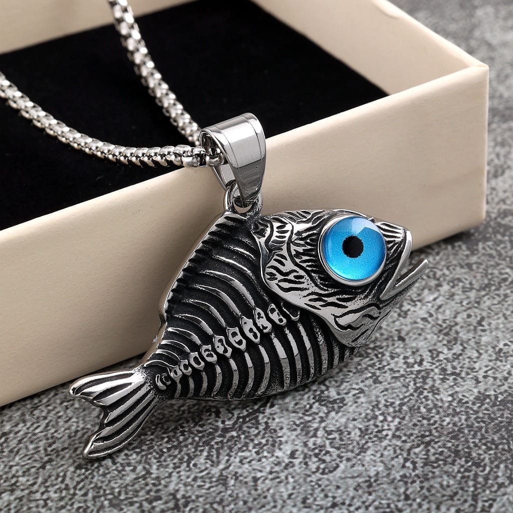 Kobine Men's Punk Blue Eye Fish Necklace